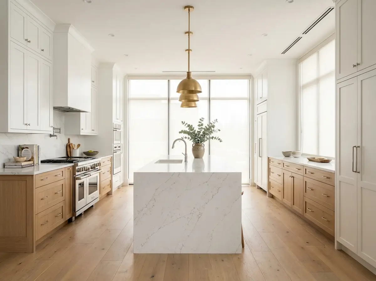Bright modern kitchen showroom with white and oak shaker cabinets, a quartz waterfall island, brass pendant lighting and natural light — Boston Home Solutions in Revere, MA