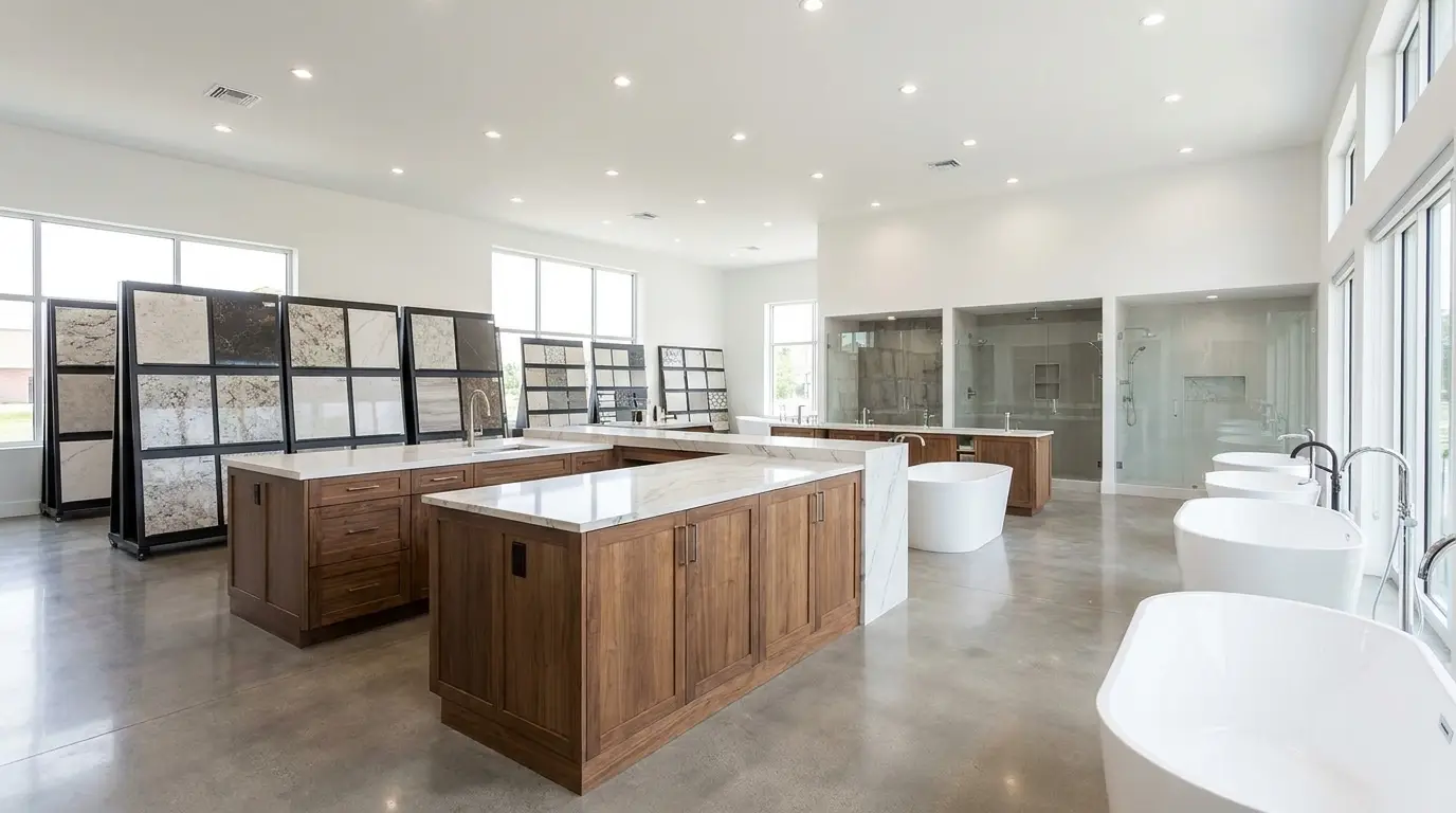 Inside the Boston Home Solutions home improvement showroom in Revere, MA — cabinet, countertop and fixture displays